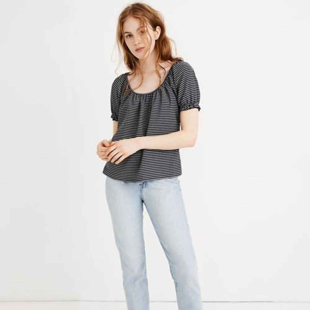 Madewell Texture & Thread Peasant Scoop Neck Cinch Cuff Stripe Blouse Top Size S